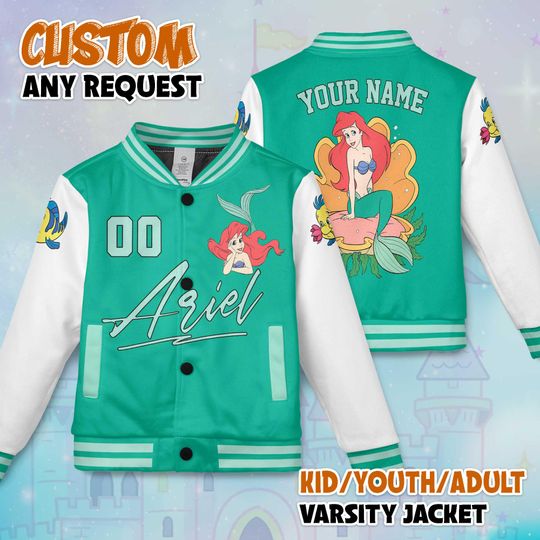 Discover Custom Ariel Varsity Jacket, Personalized Disney The Little Mermaid Ariel Baseball Jacket, Kids Youth Adult Varsity Jacket