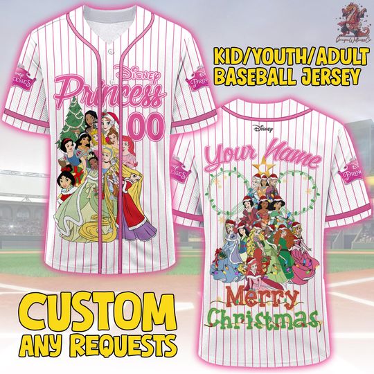 Discover Custom Disney Princess Christmas Baseball, Custom Name Disney Princess Xmas Jersey, Gift For Baseball Fan Tee, Disney Princess Matching Gift