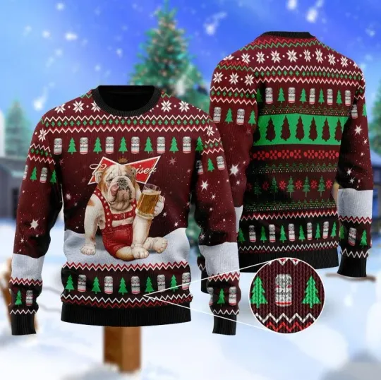 Discover Bulldog Drinking Funny Light Beer Ugly Christmas Sweater