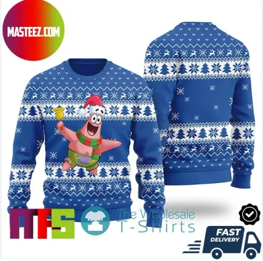 Funny Blue Cartoon Starfish Ugly Christmas Sweater Holiday Pattern