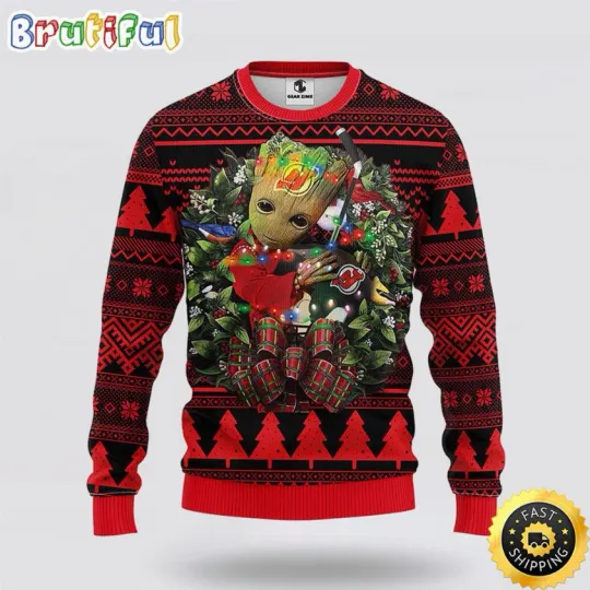 New Jersey Hockey Ugly Sweater Groot Inspired Christmas Sweater