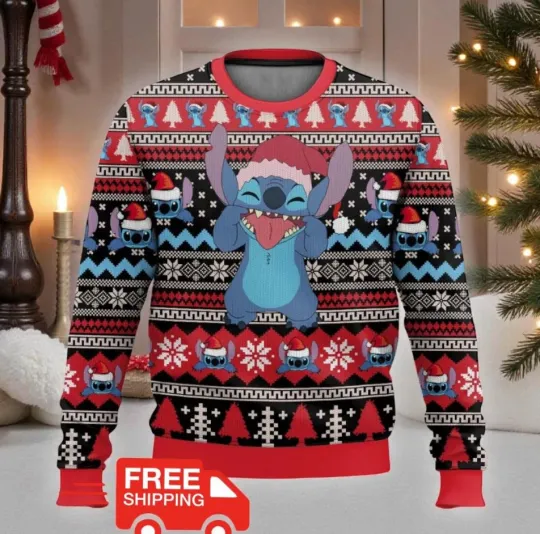 Discover Lilo & Stitch Santa Hat Christmas Ugly Sweater Cute Cartoon Holiday Jumper