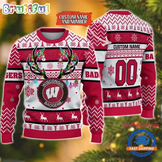 Discover Wisconsins Badge Reindeer Light Ugly Christmas Sweater