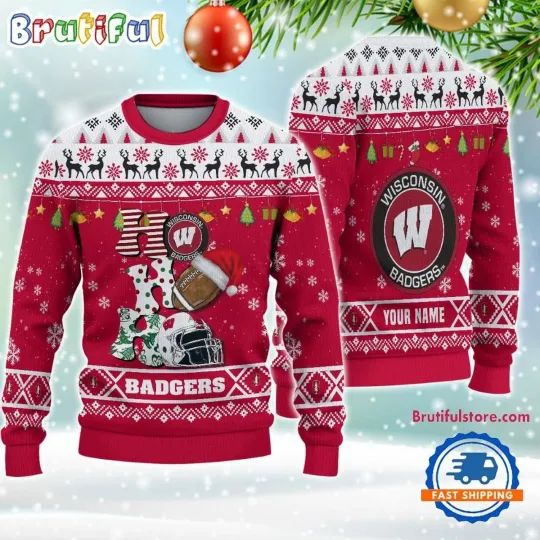 Discover Wisconsins Badge Football HO HO HO Ugly Christmas Sweater