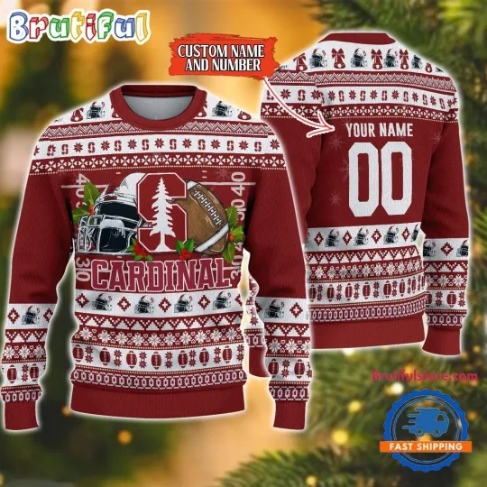 Custom Name And Number Stanford Cardinal Logo Team Football Custom Christmas Ugly Sweater