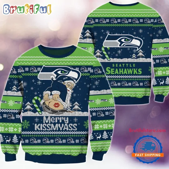 Discover Seattle Seahawks  2024 Merrykissmyass Funny Santa Claus Christmas Ugly Sweater