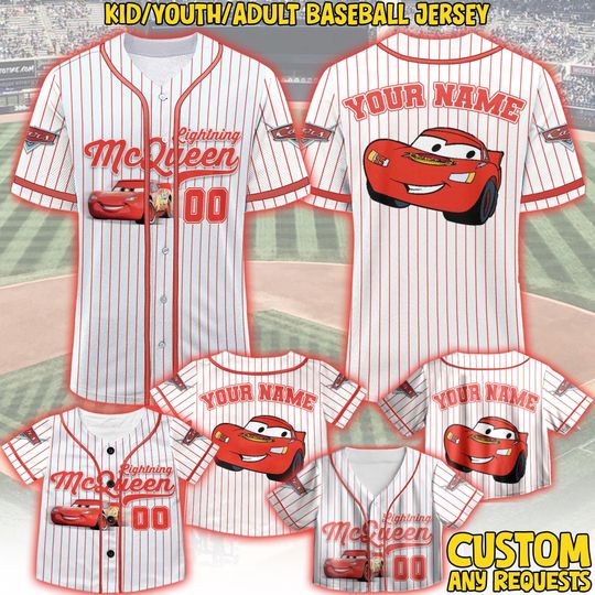 Discover Personalized Disney Car McQueen Jersey, Custom Pixar Car Baseball Team, Disney Baseball Jersey Team Outfit, Car Land Gift Shirt
