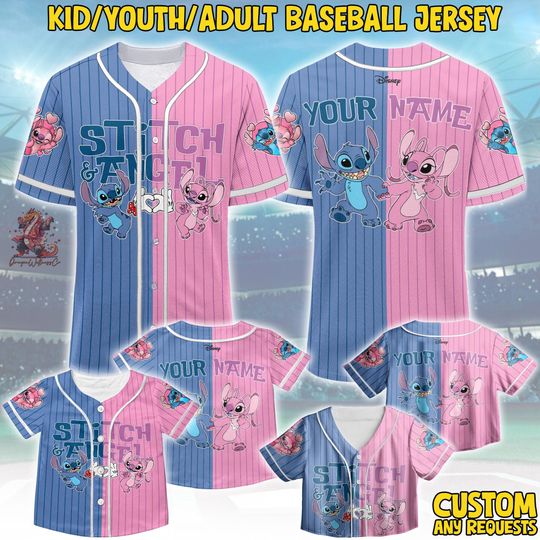 Discover Custom Disney Stitch And Angel Blue Pink Family Matching Jersey Baseball Style, Personalized Kid & Adult Gift for Disney Fan Shirt