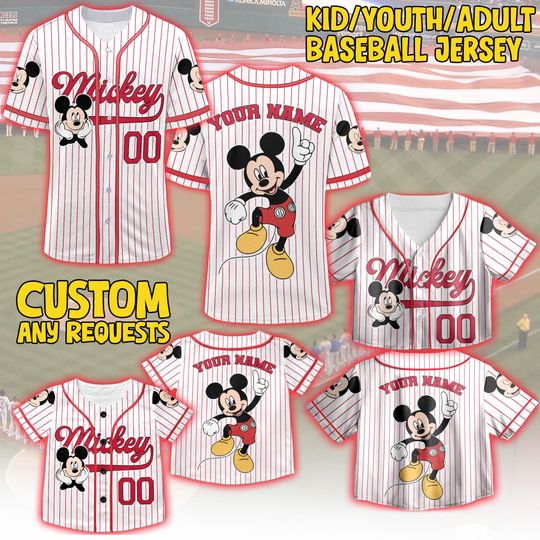 Discover Personalize Disney Mickey Mouse Cute Striped White Jersey Shirt, Custom Disneyland Baseball, Mickey Mouse Birthday, Gift for Disney Fans