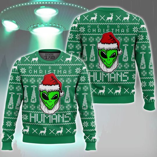 Merry Christmas Human Alien Ugly Christmas Sweater Funny Holiday Party Pullover Plus Size Sweater for Men Women Xmas Gift 2026