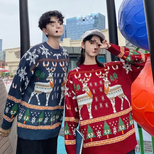 Christmas Couple Sweaters Lazy Style round Neck Loose Outerwear Deer Print Winter Clothes Korean Version Street Style
