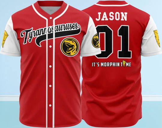 Personalized Red Tyrannosaurus Jason Lee Scott Power Rangers Baseball Jersey