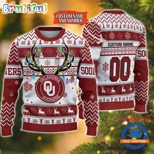 Custom Name And Number Oklahoma Sooners Reindeer Light Ugly Christmas Sweater