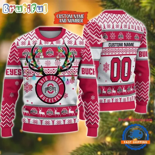 Custom Name And Number Ohio State Buckeyes Reindeer Light Ugly Christmas Sweater