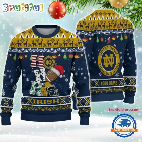Custom ND Fighting Irish Football HO HO HO Ugly Christmas Sweater