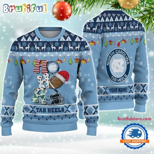 Custom North Carolina Tar Heels Football HO HO HO Ugly Christmas Sweater