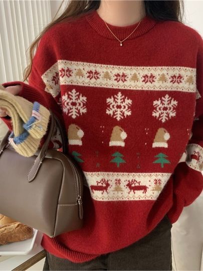 Discover 2025 Christmas Winter Clothe Woman Pulls Femmes All-match Loose Simple Style Sweater Comfortable Vintage Printed Casual Homewear