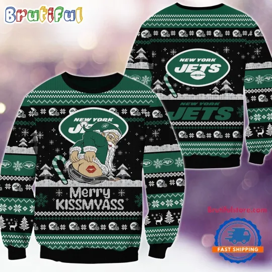 Discover New York Jets 2024 Merrykissmyass Funny Santa Claus Christmas Ugly Sweater
