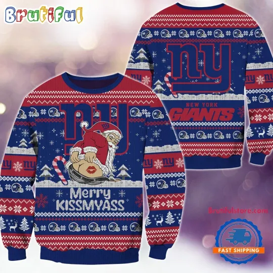 Discover New York Giants 2024 Merrykissmyass Funny Santa Claus Christmas Ugly Sweater