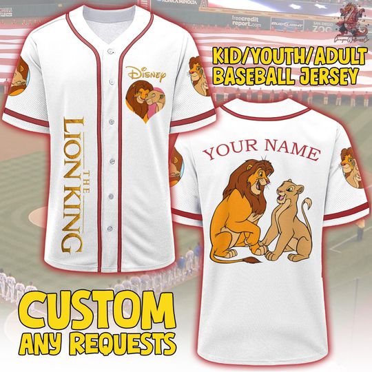Discover Personalize The Lion King Simba Nala Love White Color Jersey, Custom Disney Baseball Jersey Sports, Cute Gifts For Fans Disney The Lion King