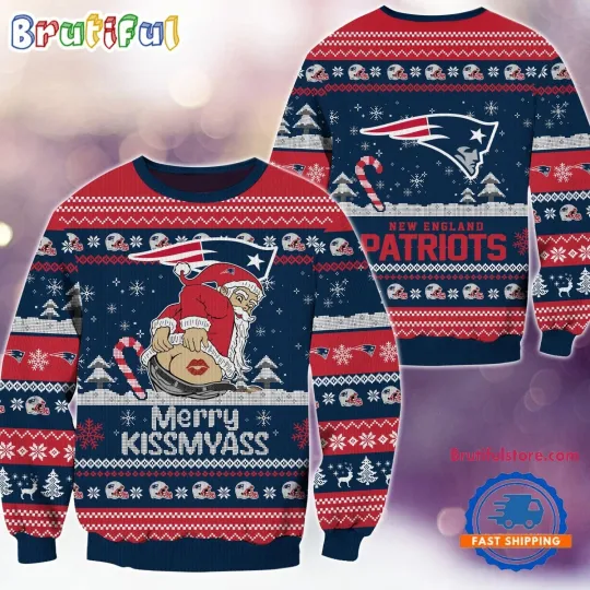New England Patriots Merrykissmyass Funny Santa Claus Christmas Ugly Sweat