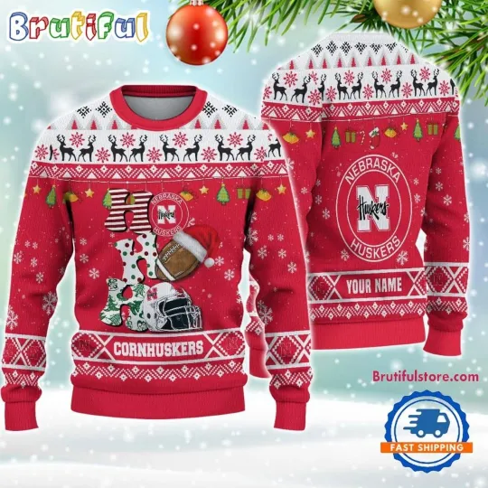Discover Nebraska Cornhuskers Football HO HO HO Ugly Christmas Sweater