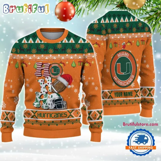 Discover Miami Hurricanes Football HO HO HO Ugly Christmas Sweater