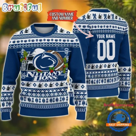 Custom Name And Number Penn State Nittany Lions Logo Team Football Christmas Ugly Sweater