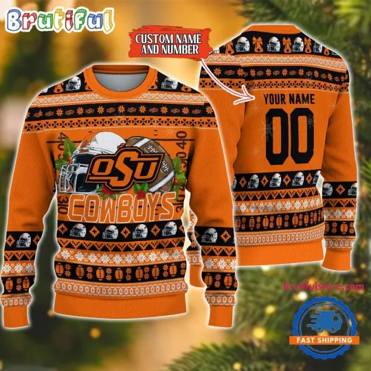 Custom Name And Number Oklahoma State Cowboys Logo Team Football Christmas Ugly Sweater
