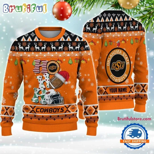 Custom Oklahoma State Cowboys Football HO HO HO Ugly Christmas Sweater