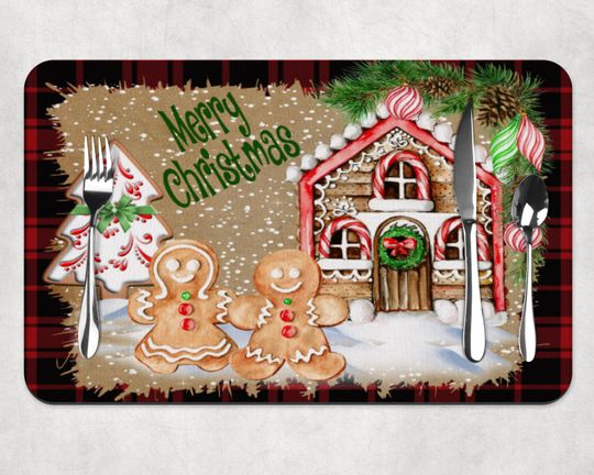 Discover Set of 2 Gingerbread Christmas Table Placemats , Christmas table decor, Holiday table decoration, Gingerbread House Decor