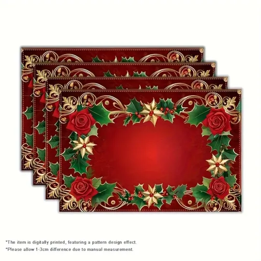Christmas Placemats Red Holly Rose Design Holiday Dining Table Decor