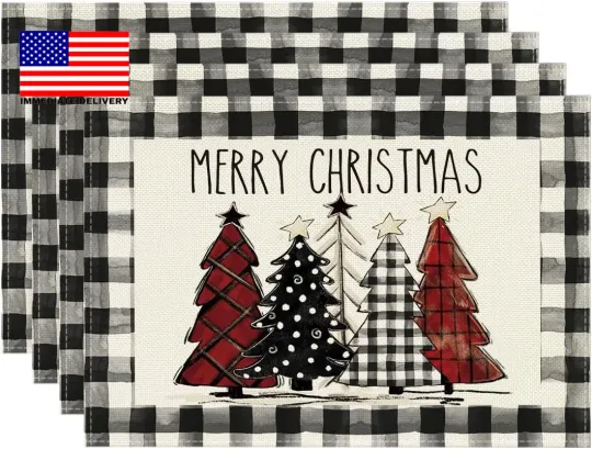 Waterclor Buffalo Plaid Christmas Trees Placemats