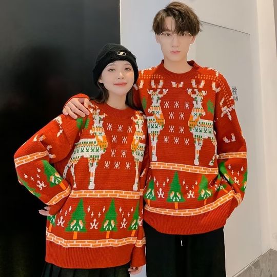Christmas Theme round Neck Sweater for Men Loose Fit  Shirt Couple Style Autumn Fashion Korean Version Polyester Fiber