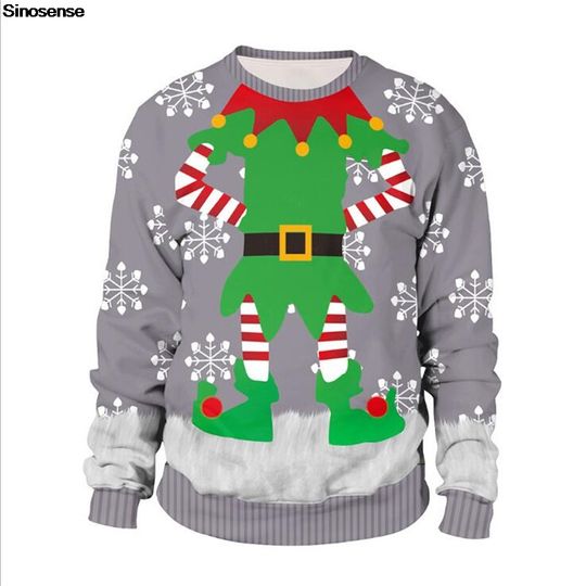 Men Women Tacky Xmas Sweatshirt 3D Funny Print Holiday Party Jumper Tops Pullover Christmas Elf Snowflake Ugly Christmas Sweater