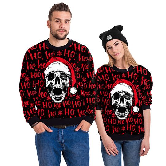 Men Women New Year Eve Xmas Sweatshirt 3D Print Holiday Party Jumpers Tops Pullover Ho Ho Ho Santa Skull Ugly Christmas Sweater