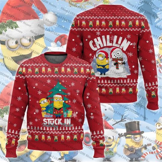 Discover Red Cool Minions Ugly Christmas Sweater Despicable Me Snowflake Christmas Tree Sweatshirt Family Gifts Pullover Holiday Unisex