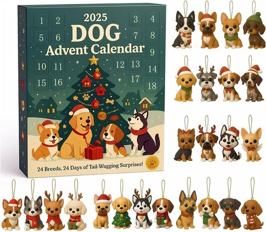 Discover Dog Edition Advent Calendar 2025, 24 Unique Dog Breeds Ornaments for 24-day countdown to the holiday, Blind Box Acrylic Christmas Tree Decorative Pendant for Family & Pet Lovers,Set of 24