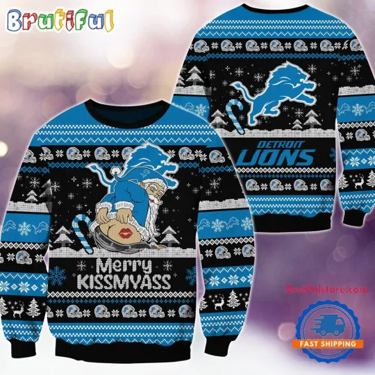 Discover Detroit Lions Merrykissmyass Funny Santa Claus Christmas Ugly Sweater