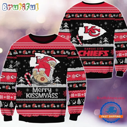 Kansas City Chiefs Merrykissmyass Funny Santa Claus Christmas Ugly Sweater