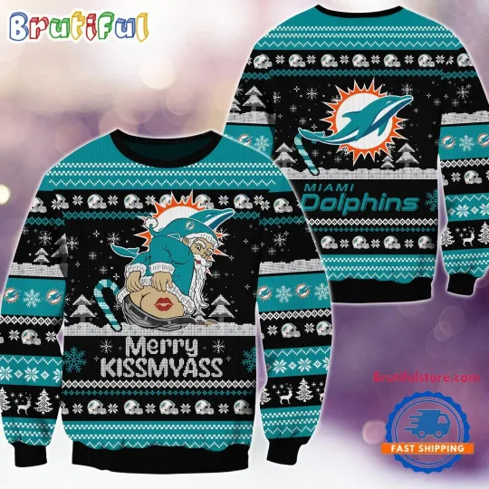 Miami Dolphins Merrykissmyass Funny Santa Claus Christmas Ugly Sweater