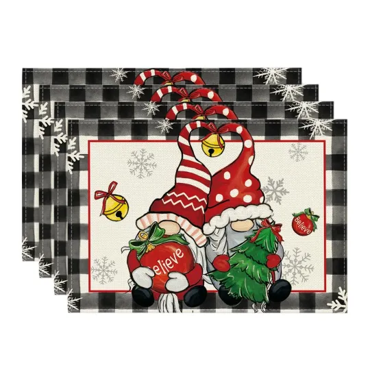 Christmas Gnomes and Snowflakes Placemats with Buffalo Plaid Design