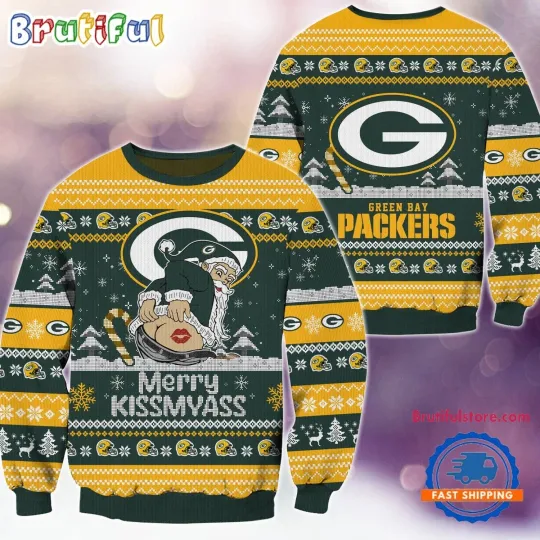 Green Bay Packers Merrykissmyass Funny Santa Claus Christmas Ugly Sweater