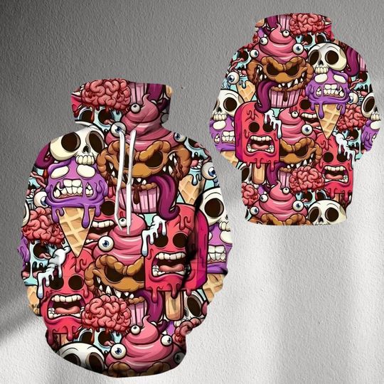 Discover 3D Horror Ice Cream Cartoon Hoodie with Skulls, Brains & Monsters All-Over Print Unisex Streetwear Pullover