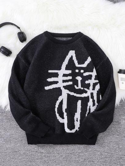 Discover Autumn and Winter Abstract Kitten Jacquard Pattern Pullover Sweater Casual Round Neck Knitted Men's Pullover