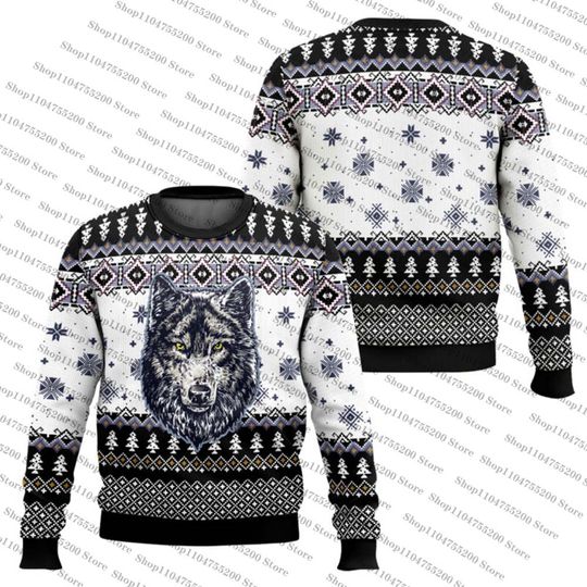 Black White Awesome Wolf Ugly Christmas Sweater Holiday Sweater Cool Fashion Winter Unisex Sweatshirt Graphic Pullover Jumper