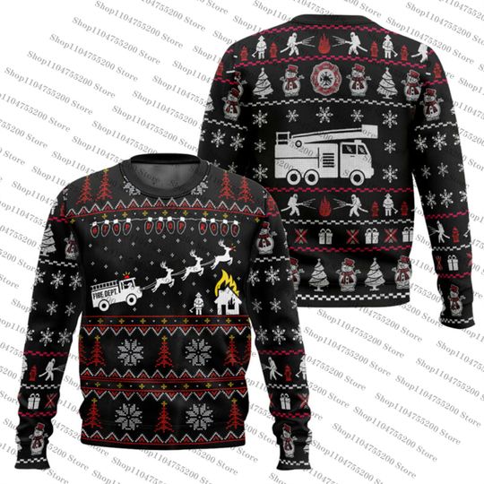 Black Xmas Firefighter Pixel Style Christmas Limited Ugly Sweater Snowflake Christmas Tree Sweatshirt Holiday Pullover Popular