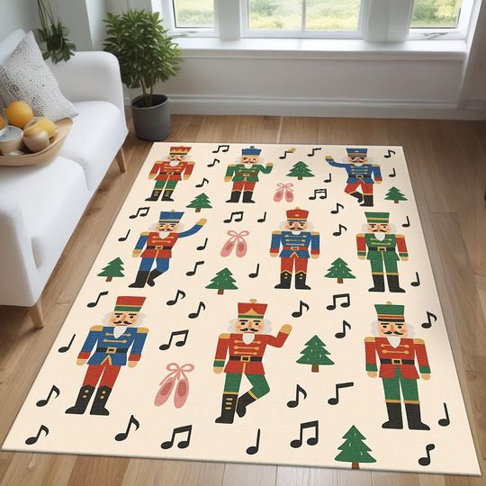 Discover Nutcracker Soldier Christmas Rug with Musical Notes and Tree Motifs for Kids and Living Room Decor