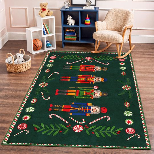 Discover Nutcracker Themed Kids Room Rug, Holiday Rectangular Carpet, Colorful Christmas Playroom Mat, Green and Red Decor
