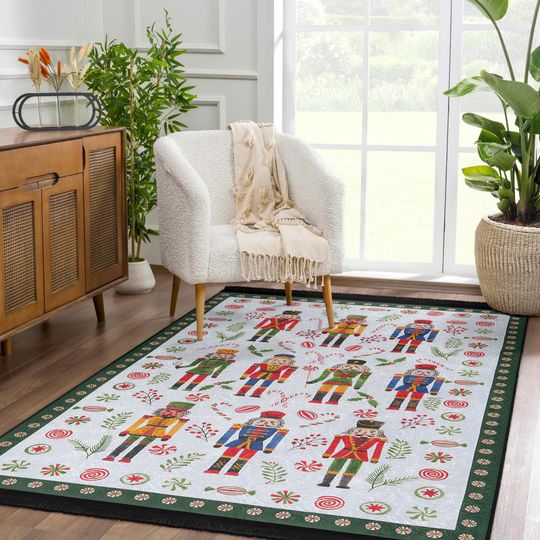 Discover Nutcracker Santa Area Rug, Non Slip Toy Washable Carpet, Candy Xmas Gift Runner, Green Stain Resistant Christmas Mat